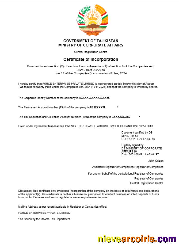 Tajikistan business registration certificate